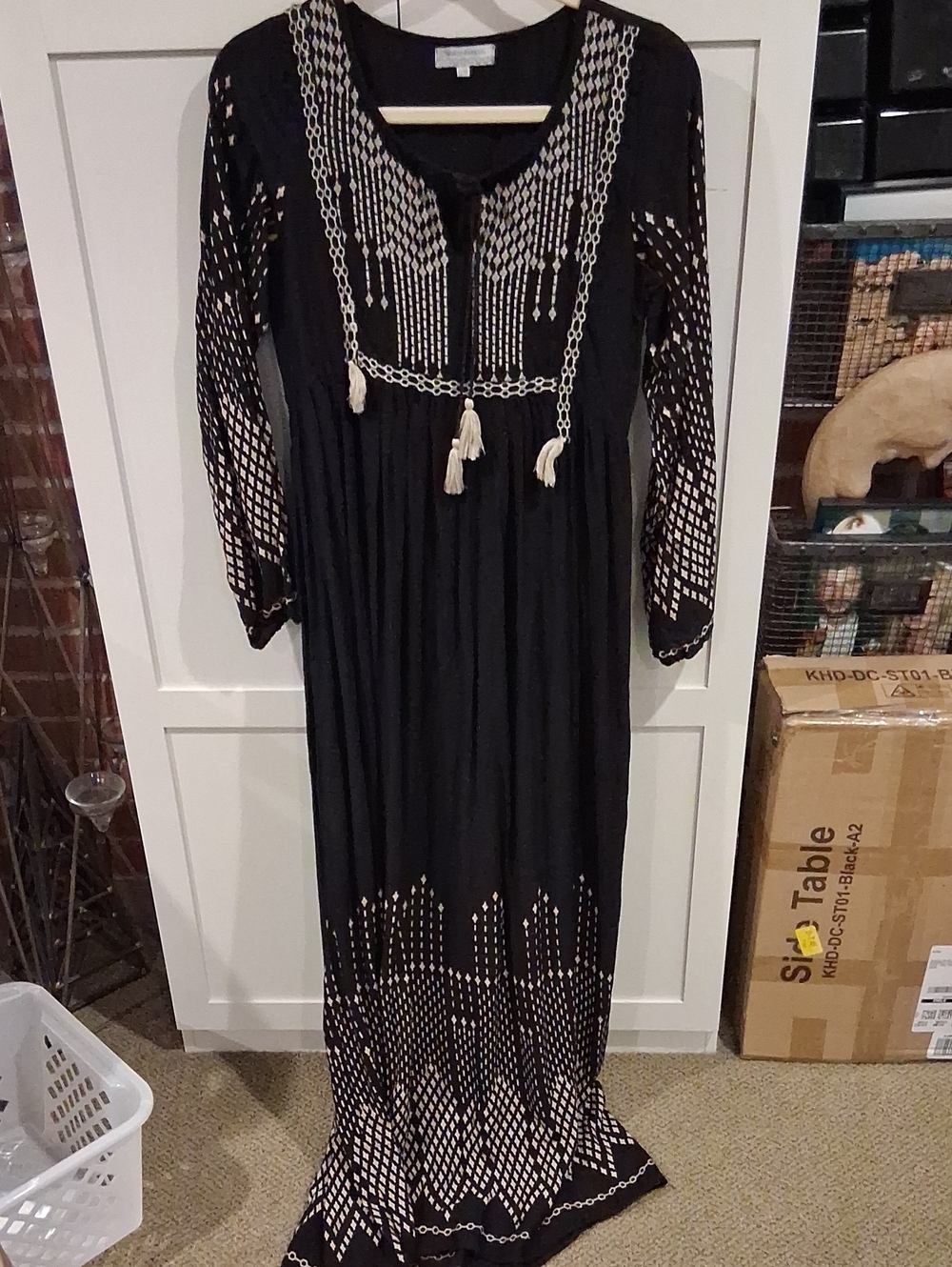Boho Black Maxi Dress with Cream Tassel Embroidery